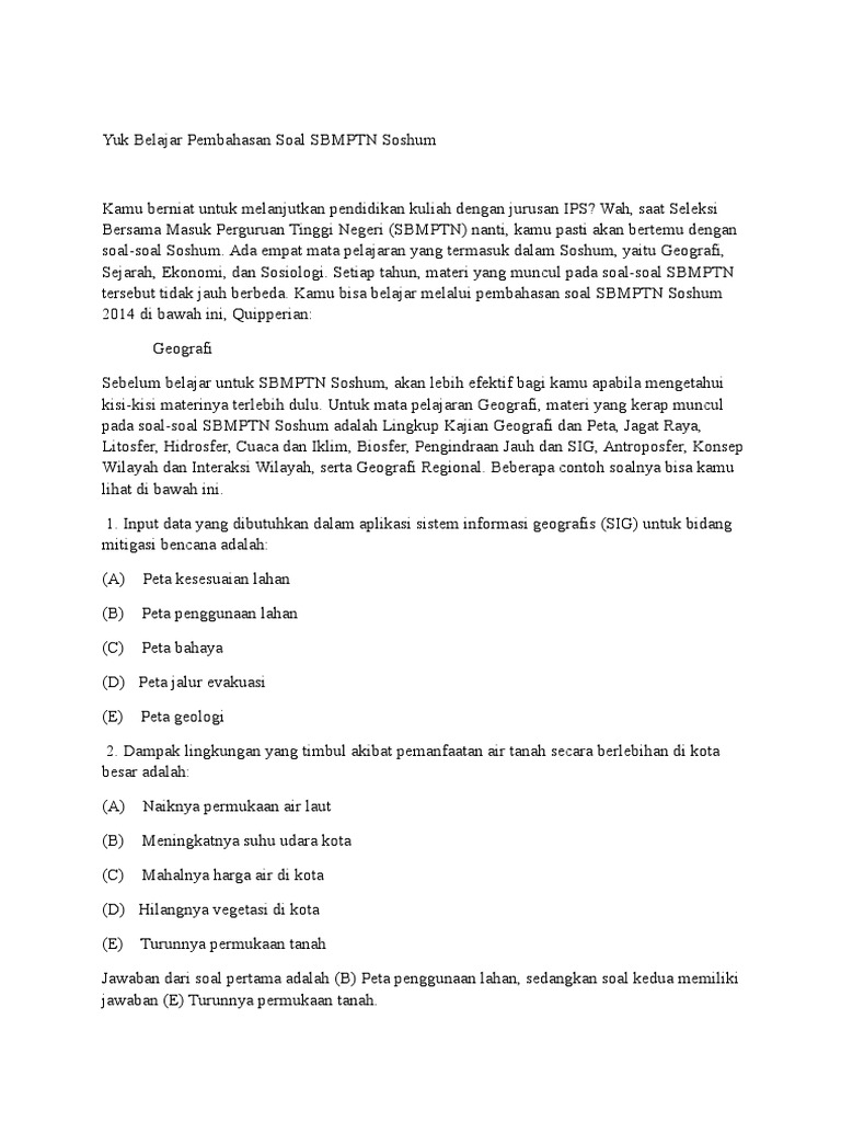 Contoh Soal Sbmptn Soshum Dan Pembahasan