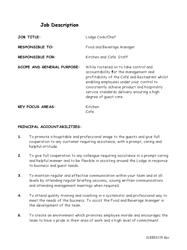 Cook Chef Job Description PDF Chef Restaurants