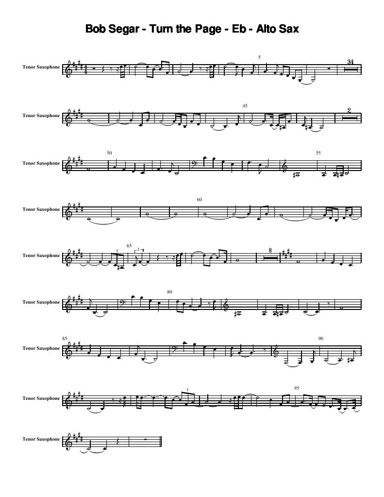 Bob SegarTurn The Page Eb Alto PDF Saxophone Tenor Saxophone