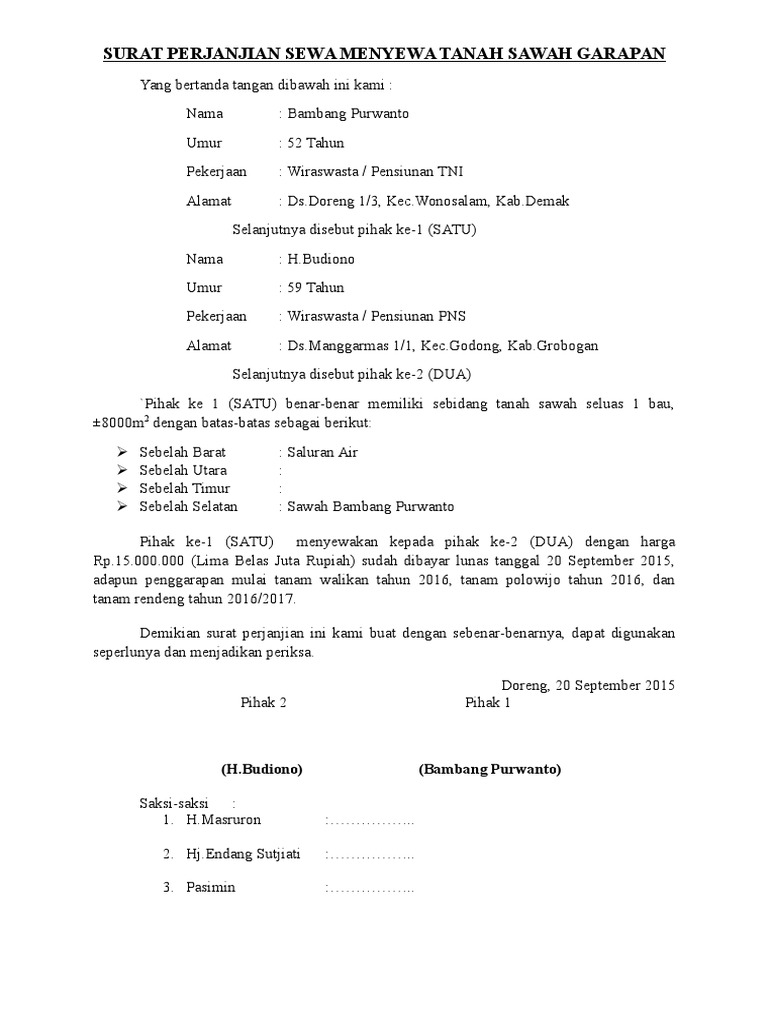 Contoh Buat Surat Perjanjian Sewa Tanah