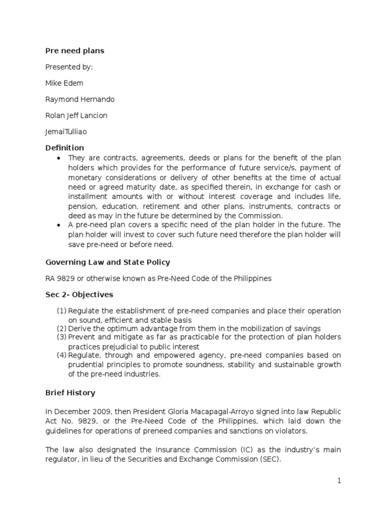 Pre Need Plans Questions PDF Trust Law Insurance