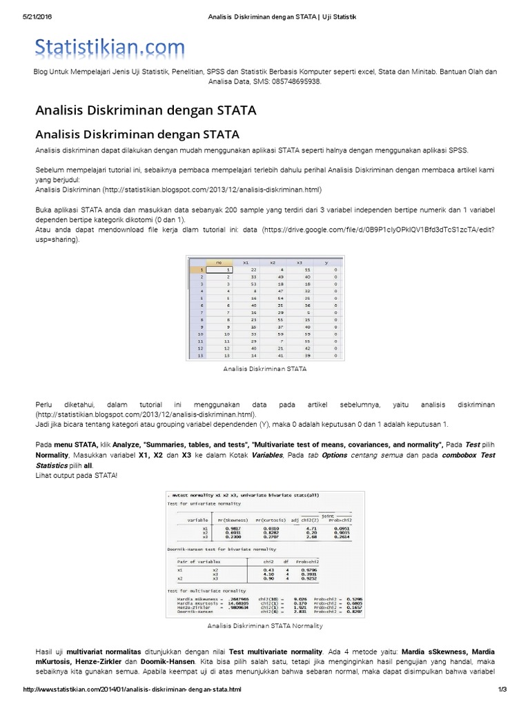 Analisis Diskriminan Dengan Stata Uji Statistik Pdf