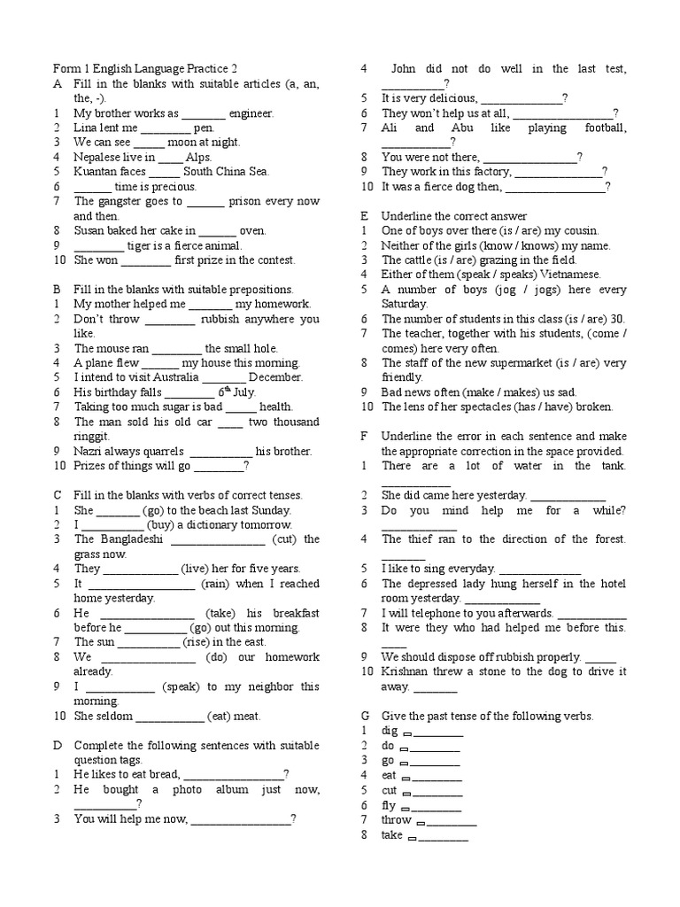 Form 1 English Language Practice 2  Language Mechanics  Grammar