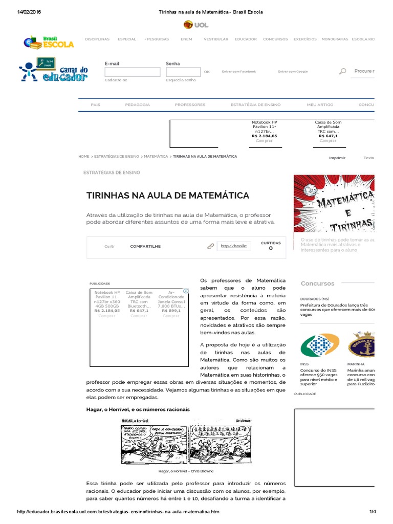 Tirinhas Na Aula de Matemática - Brasil Escola | PDF