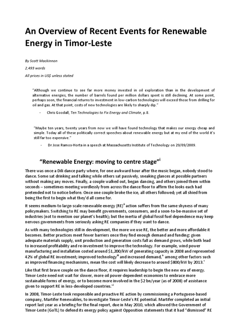 An Overview of Recent Events For Renewable Energy in Timor-Leste (As of