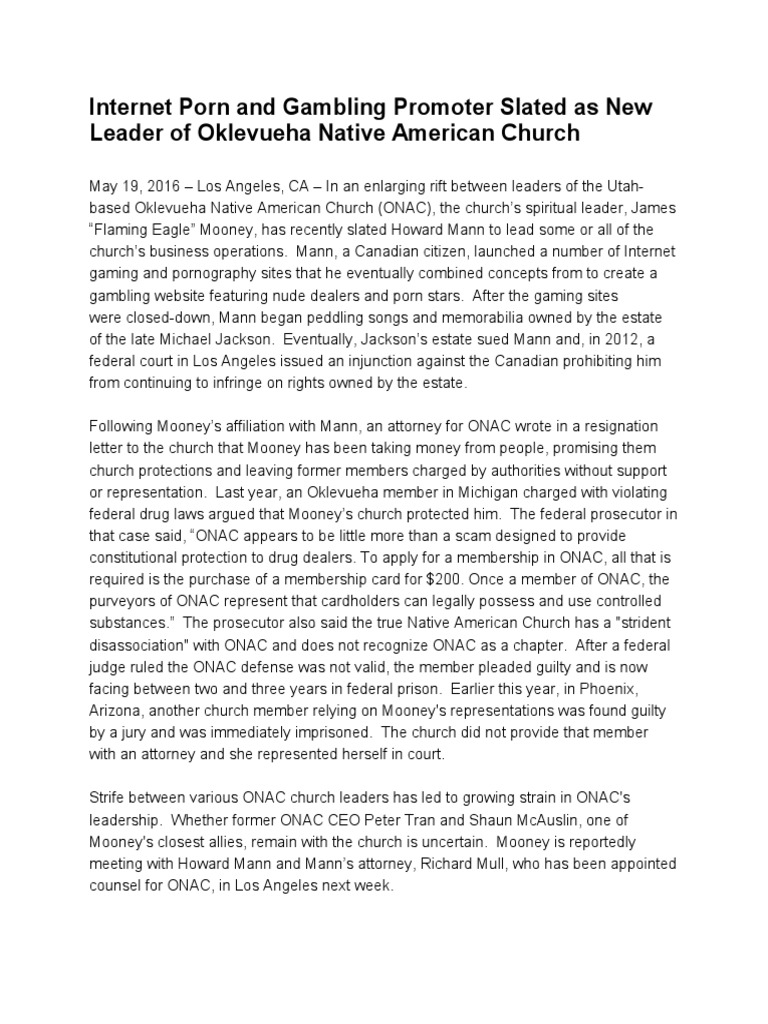 Online Porn Gambling Promoter Slated As Leader of Oklevueha Native American Church PDF