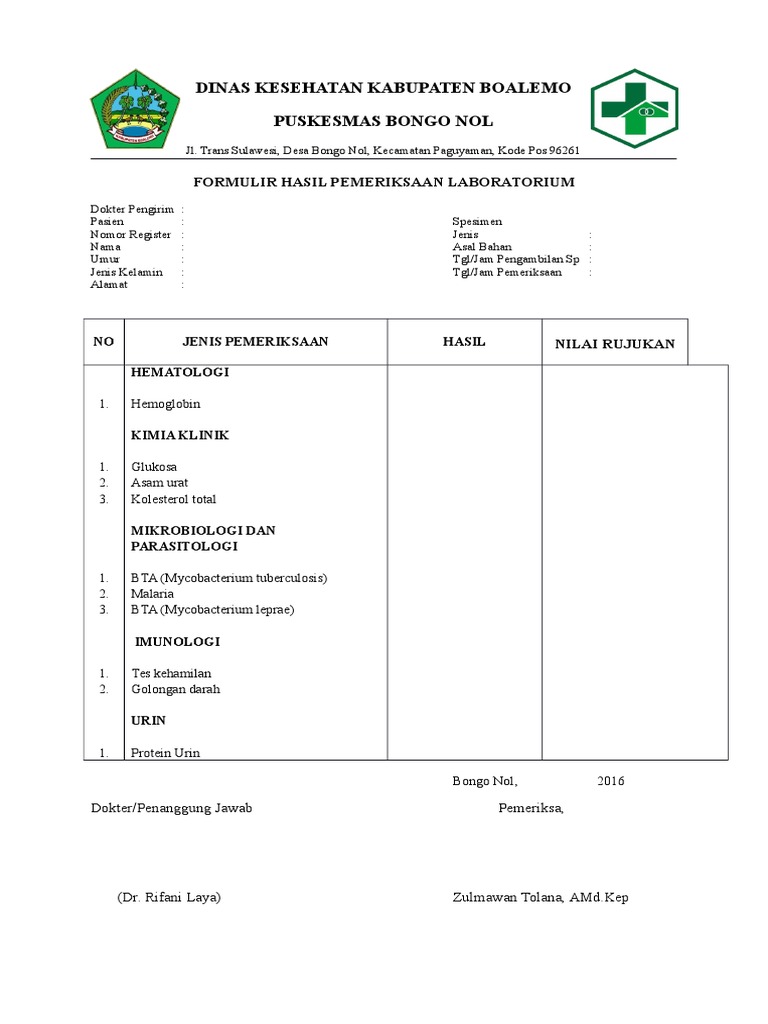 FORMULIR PEMERIKSAAN LABORATORIUM