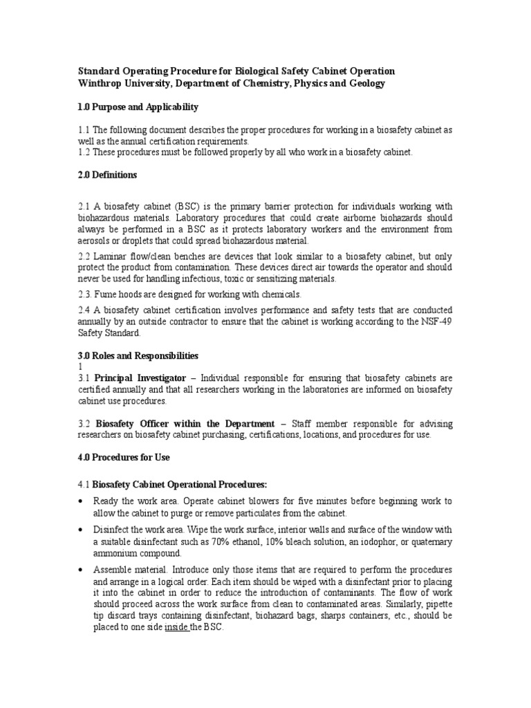Sop For Biological Safety Cabinet Operation Chemistry Nature