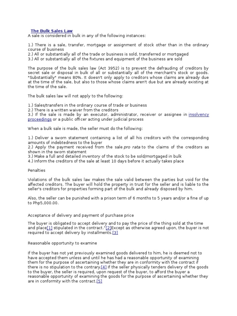 The Bulk Sales Law PDF Sales Law Of Obligations