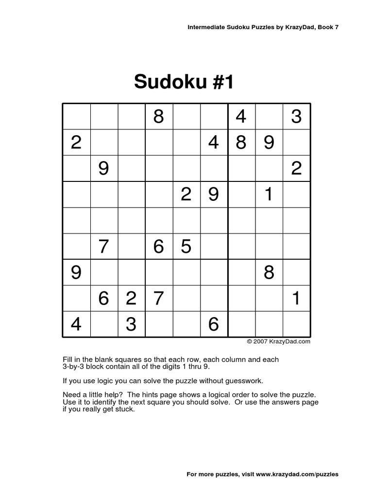 Sudoku Intermediate PDF Single Player Games Puzzles
