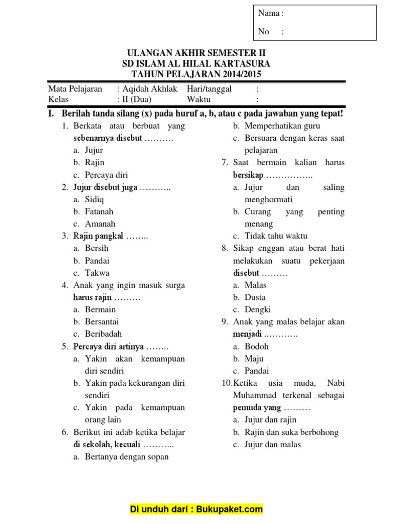 Soal Akidah Akhlak Kelas 6 Semester 1 Dan Kunci Jawaban