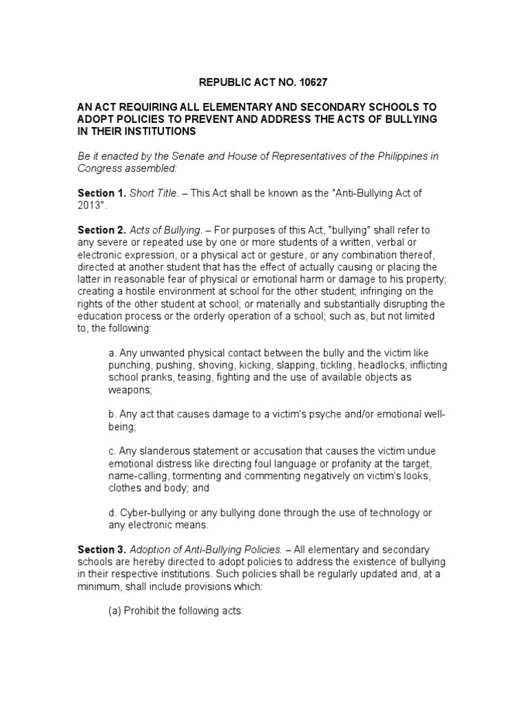 Anti Bullying Act Of 13 Ra No Bullying Common Law