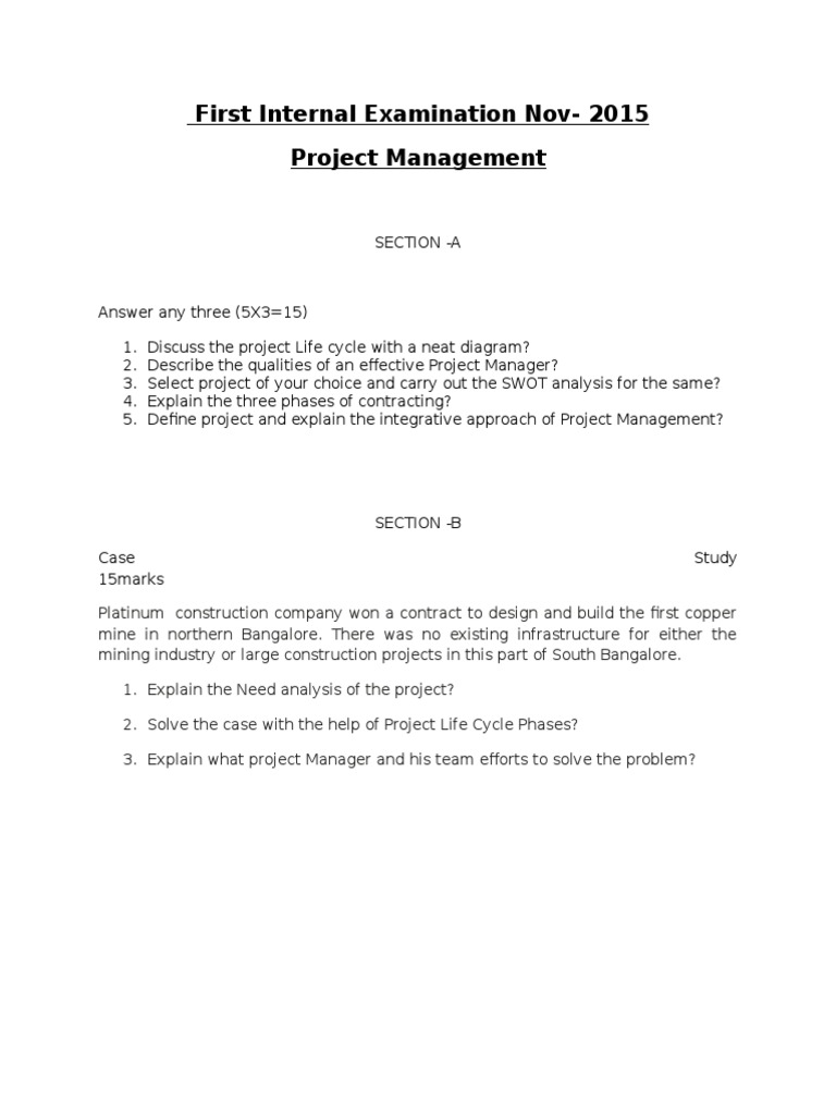 First Internal Examination Nov-2015 Project Management | PDF