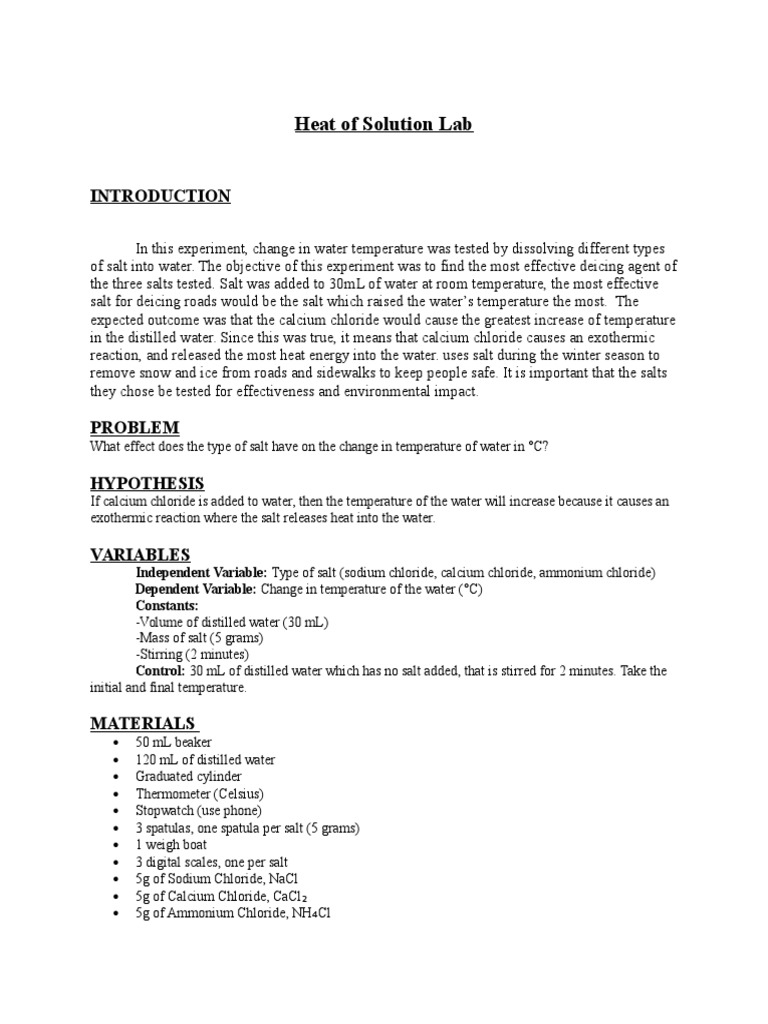 Heat of Solution Lab Report | PDF | Sodium Chloride | Chloride