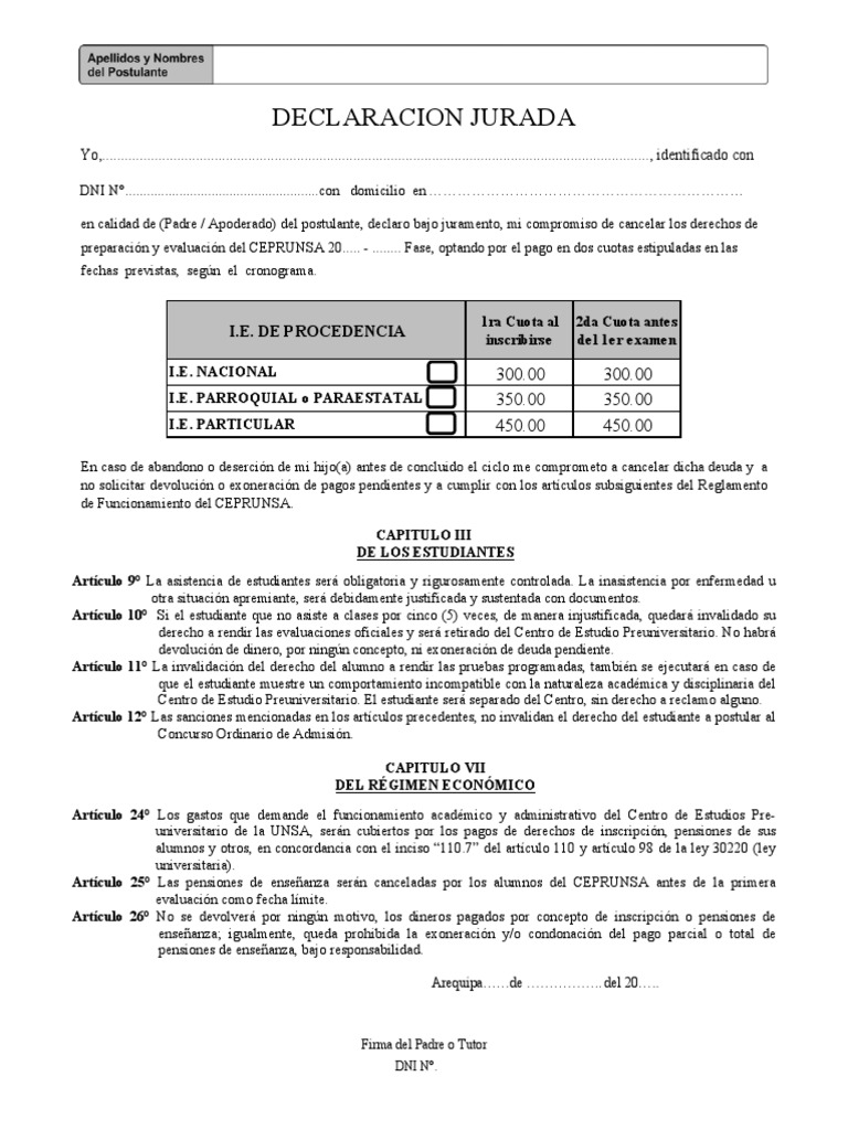 Declaración Jurada CEPRUNSA 2023 | PDF