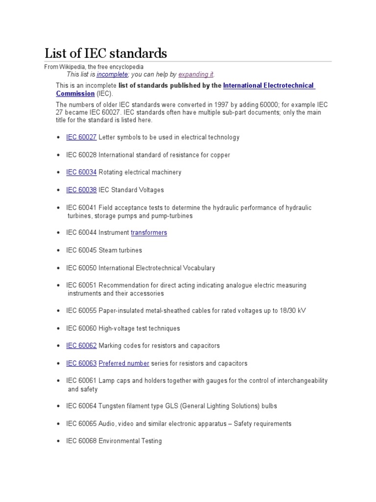 List of IEC Standards Battery (Electricity) Insulator (Electricity)