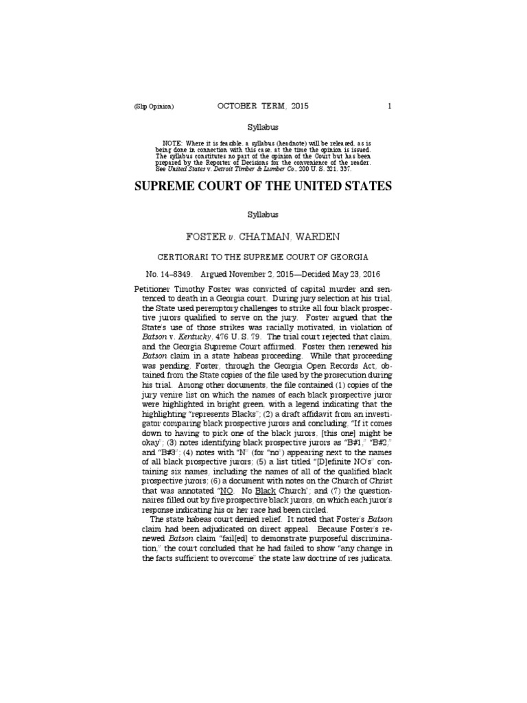 FOSTER v. CHATMAN, WARDEN PDF Batson V. Kentucky Government Information