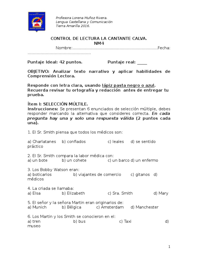 Control de Lectura La Cantante Calva
