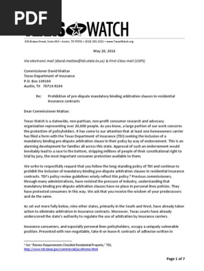 Letter Opposing Arbitration in Insurance Policies