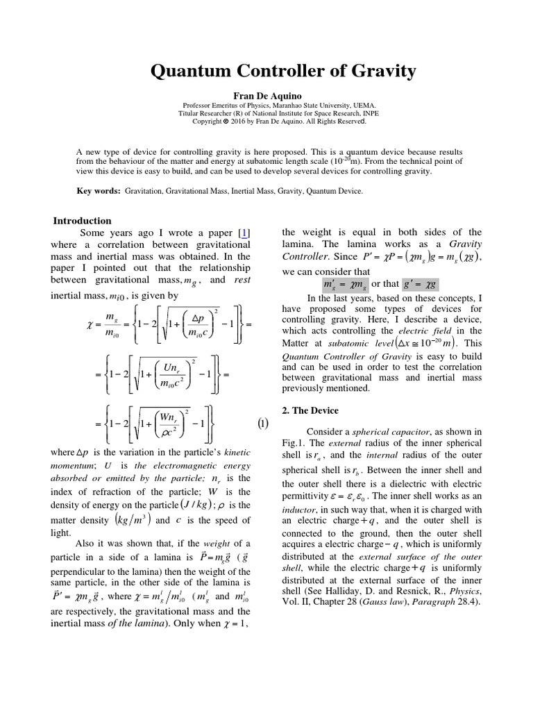 Quantum Controller of Gravity | PDF | Gravity | Mass