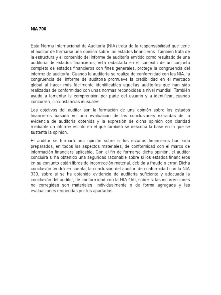 Resumen Nia 700 705 y 706 | PDF | Contralor | Auditoría financiera