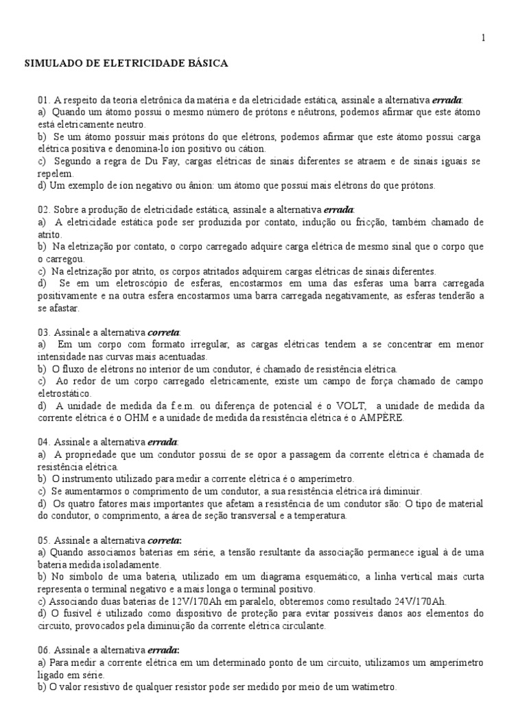Simulado de Eletricidade Básica | PDF | Rede elétrica | Circuitos em ...