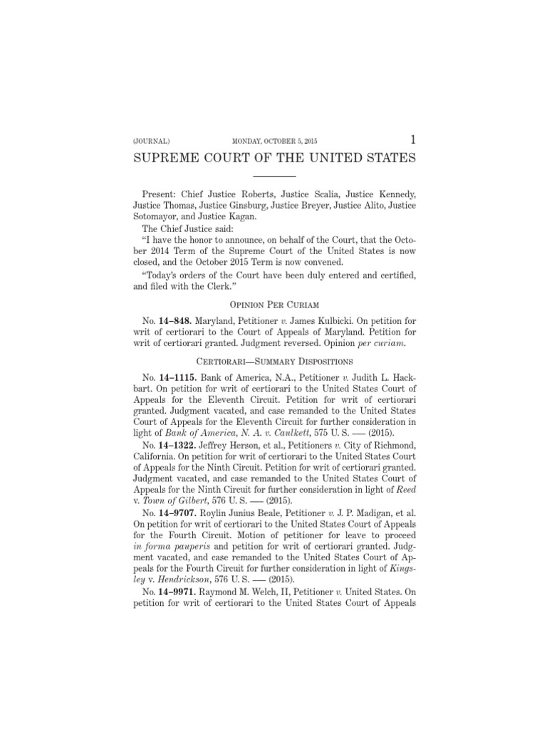 Journal of the Supreme Court October 2015 Certiorari United