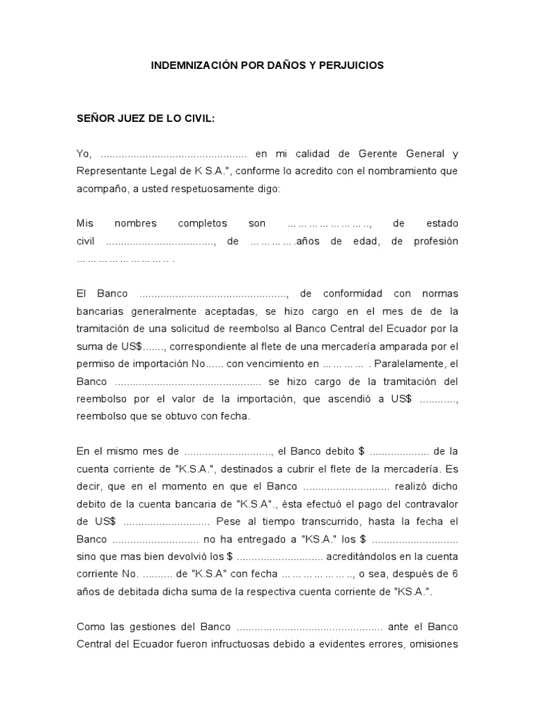 MODELO+DE+DEMANDA+INDEMNIZACIÓN+DE+DAÑOS Bancos Bancos