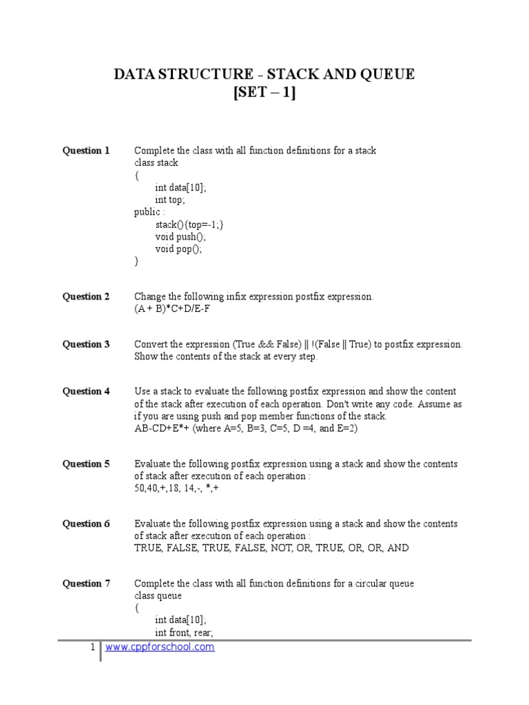 Data Structure - Stack and Queue (SET - 1) | PDF | Teaching Methods ...