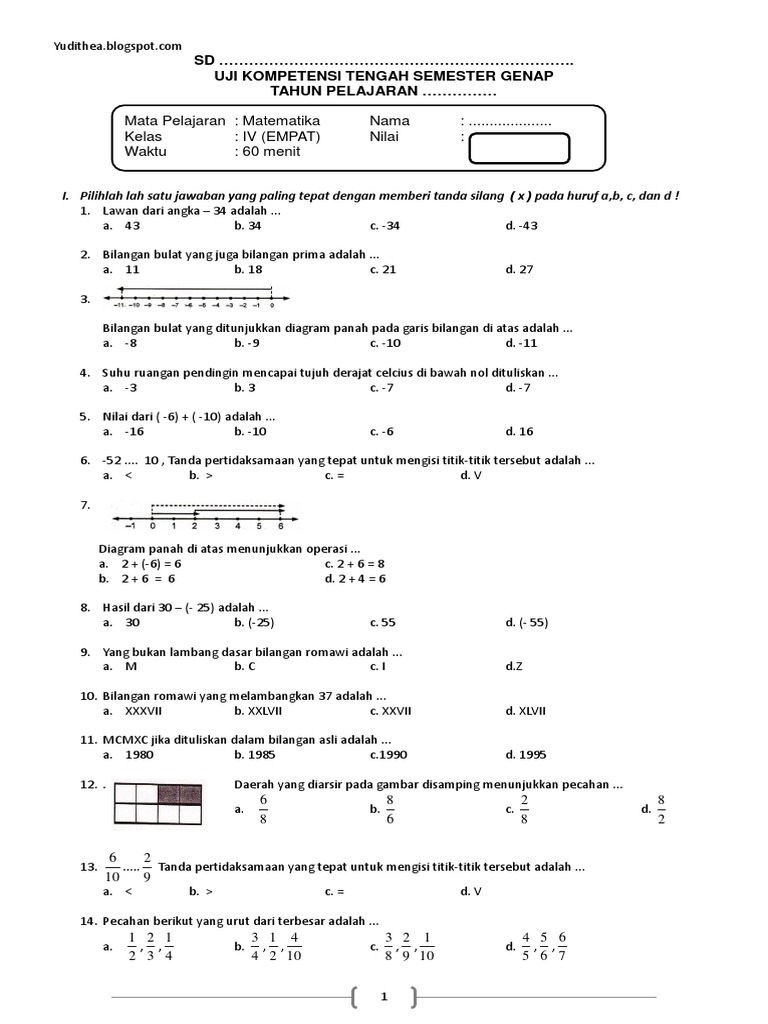 Soal Uts Semester Genap Mtk Kls 4