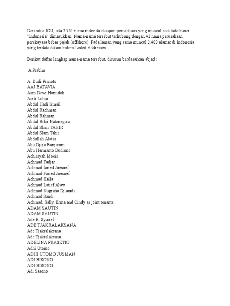Daftar Nama Orang Indonesia Di Dokumen Panama Papers Pdf