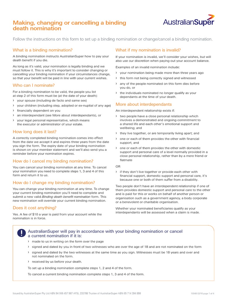 Binding Death Benefit Nomination Form Privacy Government Information