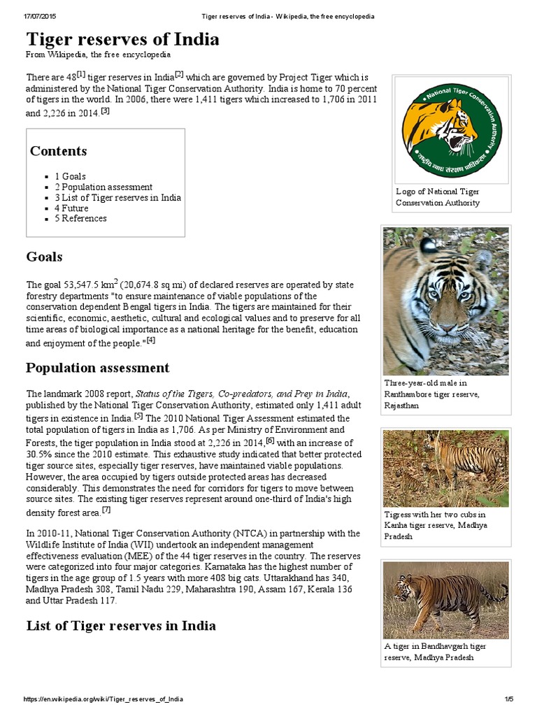Tiger Reserves of India - Wikipedia, The Free Encyclopedia | PDF ...