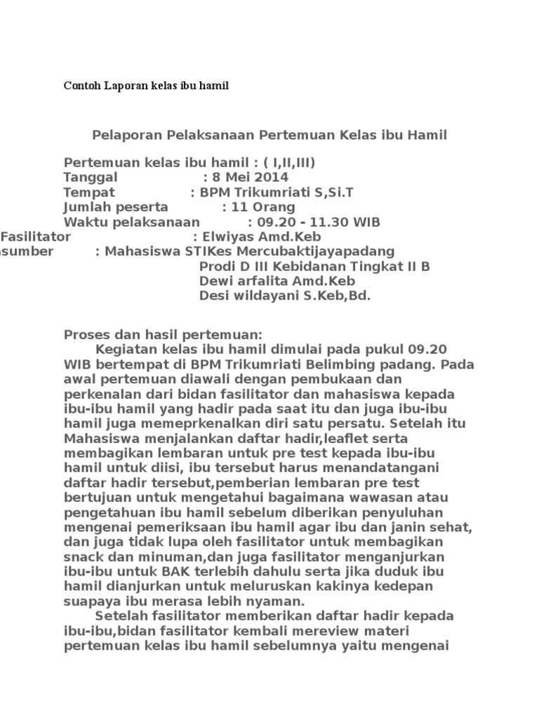 Contoh Laporan Kelas Ibu Hamil