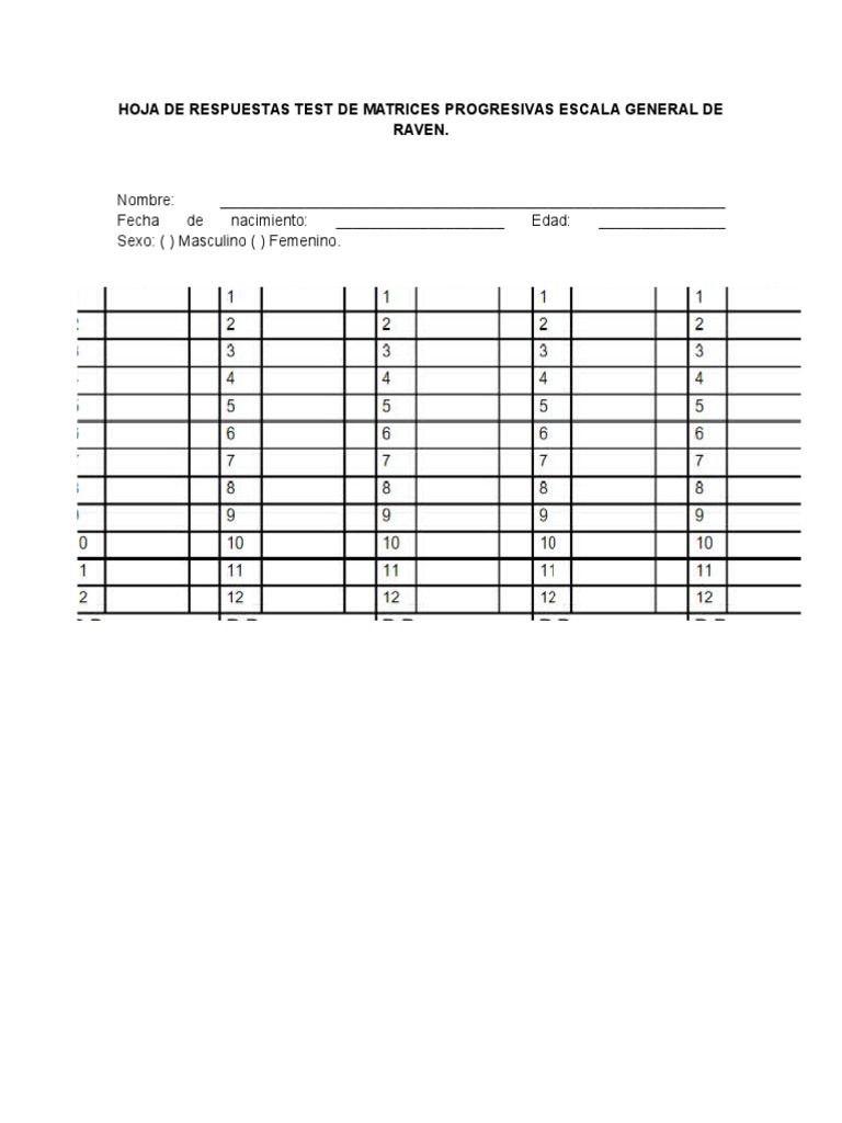 Hoja de Respuestas Test de Matrices Progresivas Escala