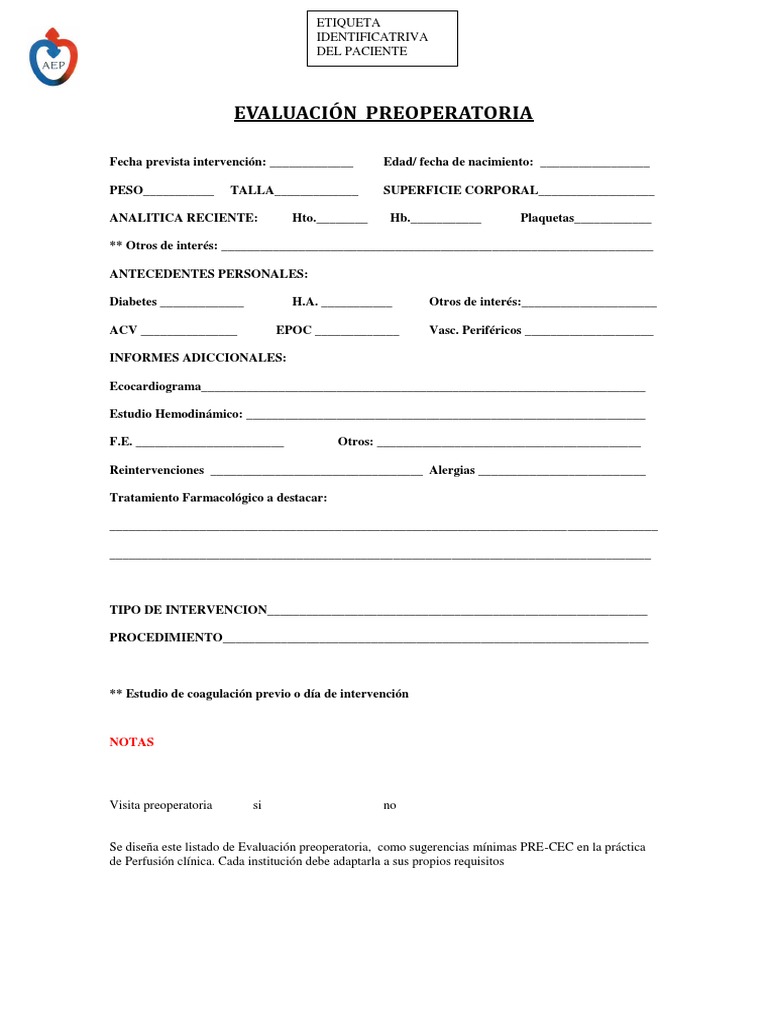 Formato de Evaluación Preoperatoria | PDF | Rtt | Cuidado de la salud
