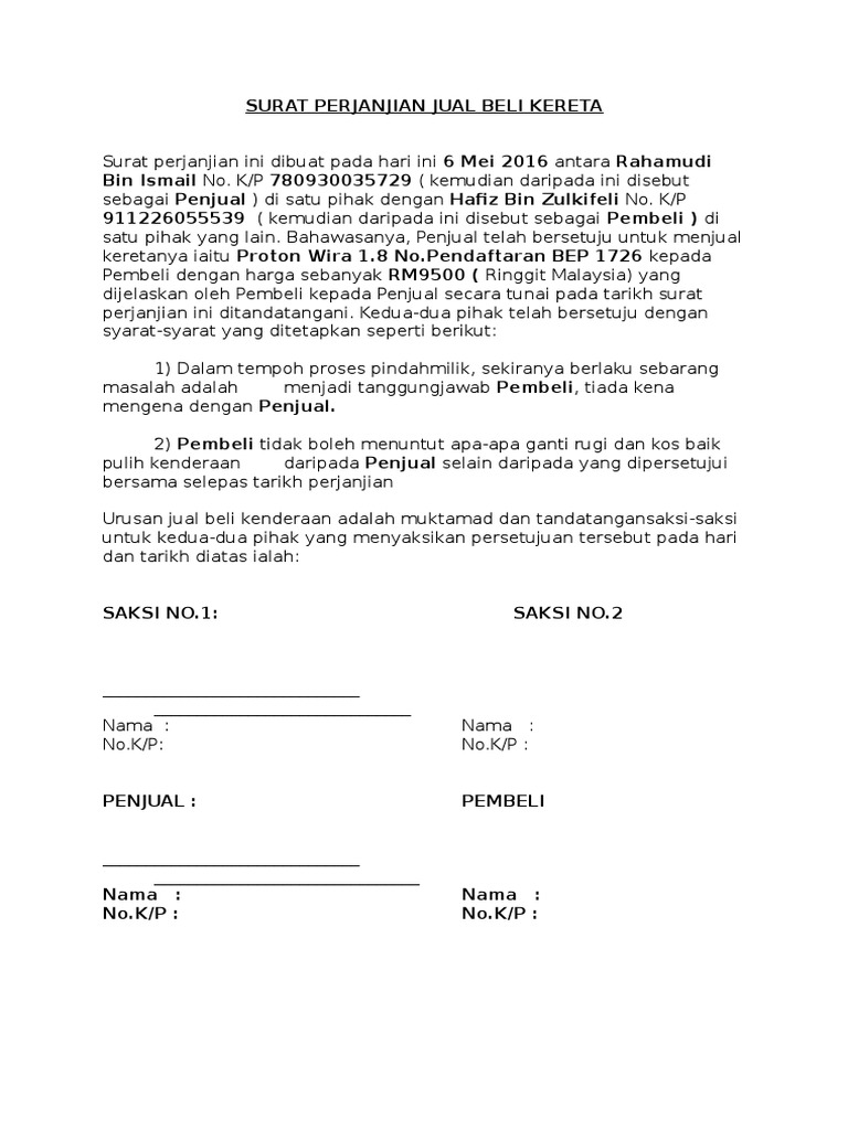 Surat Perjanjian Jual Beli Kereta Pdf