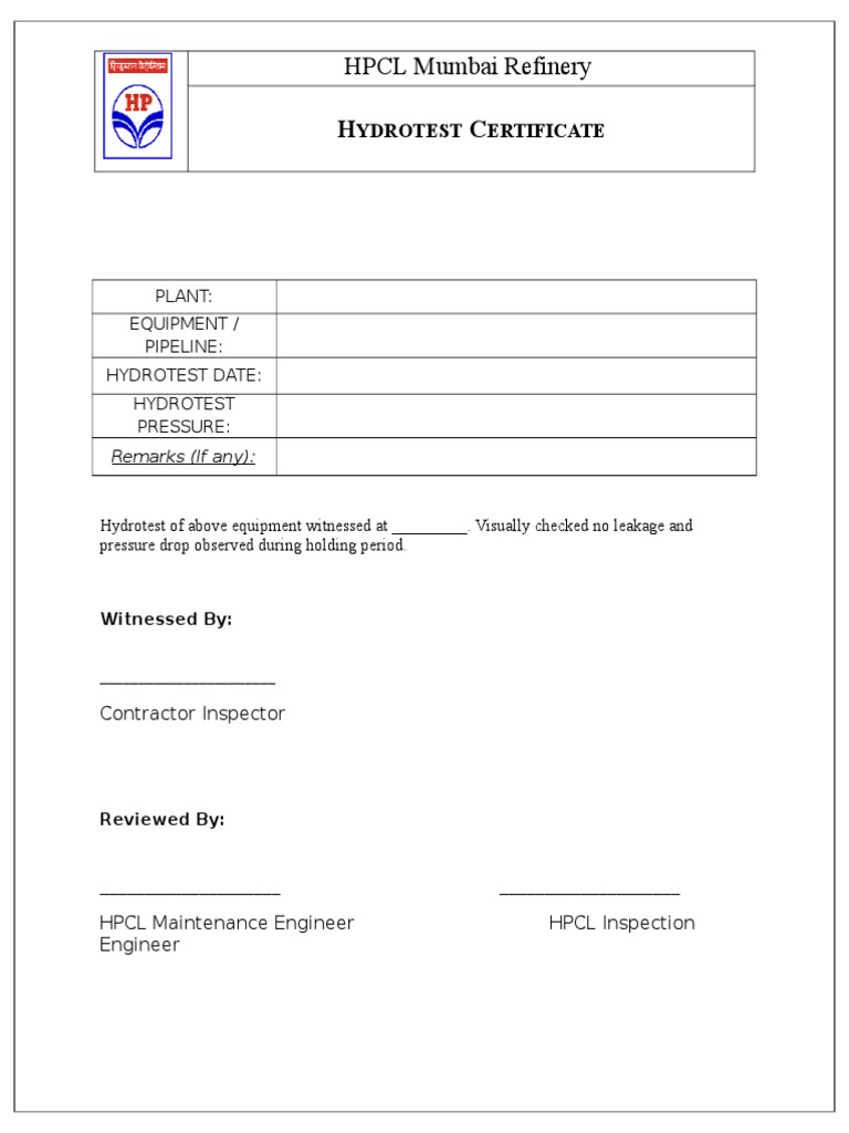 Hydrotest Certificate  PDF Inside Hydrostatic Pressure Test Report Template