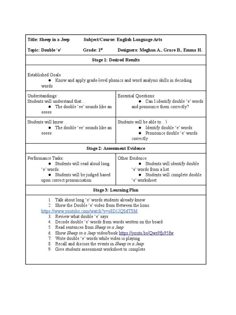 Double 'E' Phonics Lesson Plan | PDF