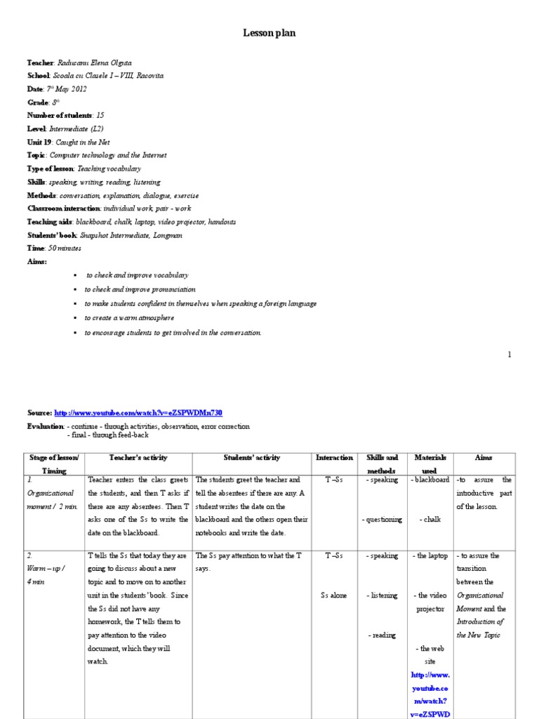 Lesson Plan 8th Grade | PDF | Internet | Vocabulary