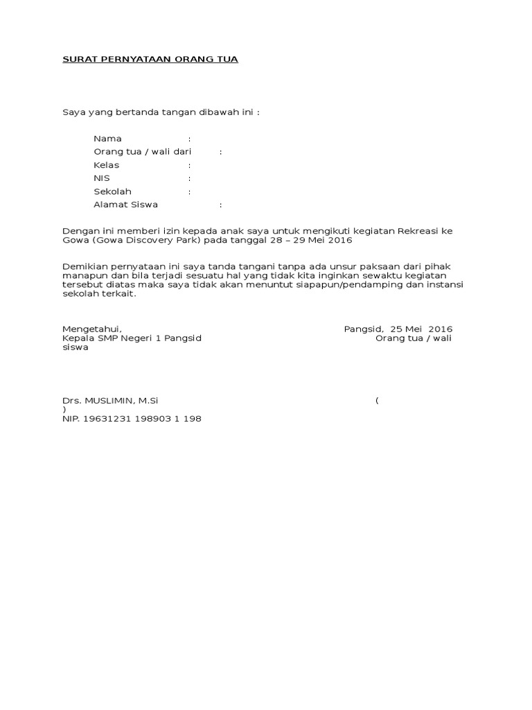 Contoh Surat Izin Rekreasi Untuk Orang Tua