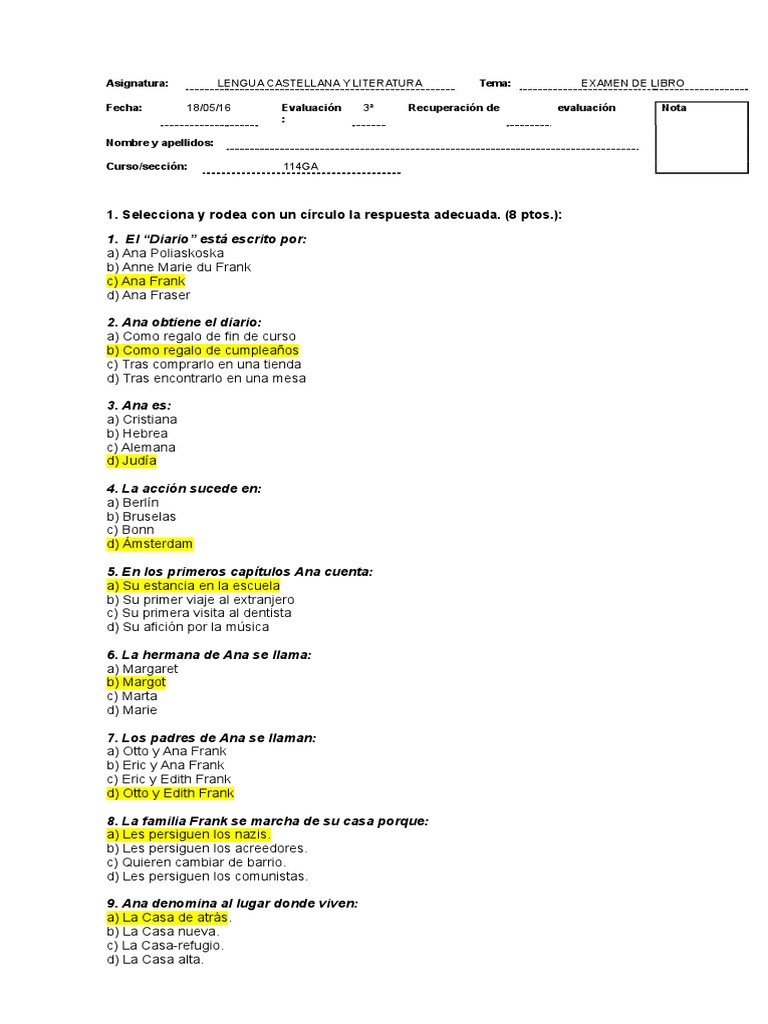 Examen Ana Frank Con Soluciones Ana Frank Disturbios