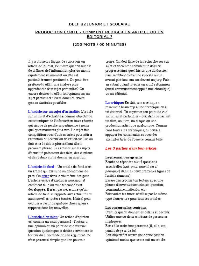Delf B2 Rediger Article Ou Edito Pdf Lecture Processus Phrase