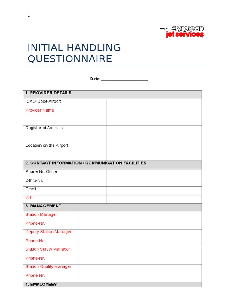 Initial Handling Questionnaire Risk Management Dangerous Goods