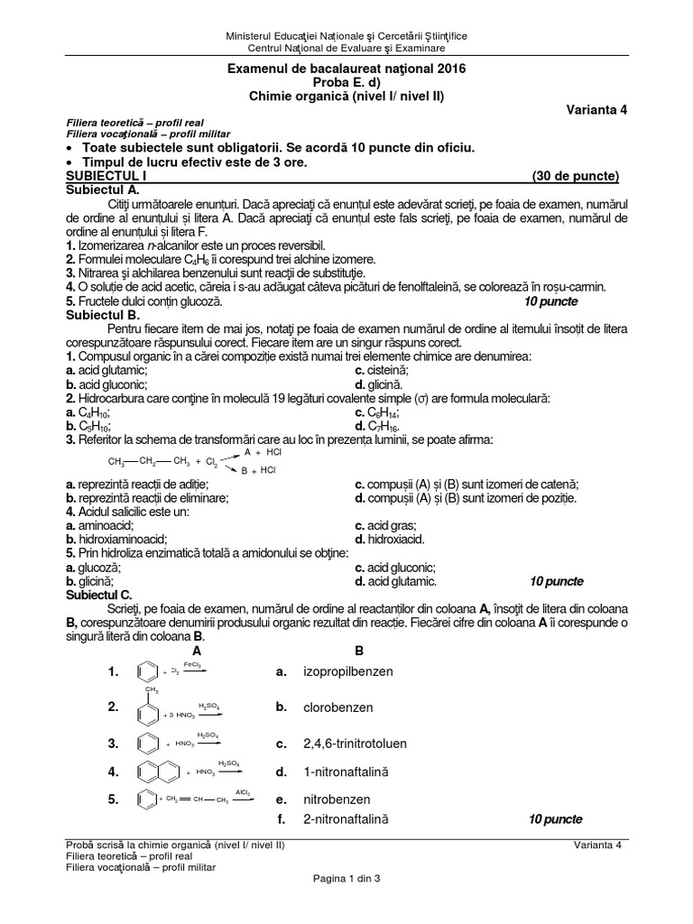 Bac Sesiune Speciala, Chimie Organica 2016 PDF