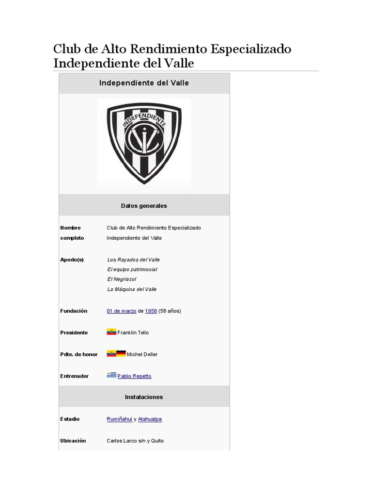 Club de Alto Rendimiento Especializado Independiente Del Valle | PDF | Asociación de clubes de ...