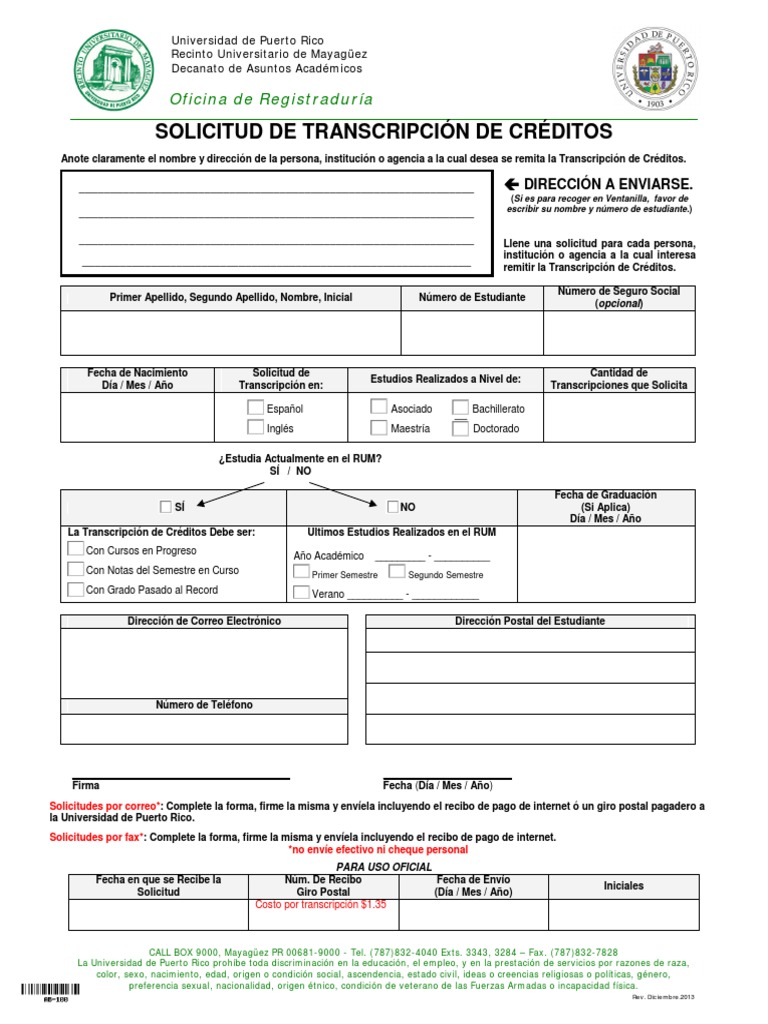 Solicitud de Transcripción de Créditos UPRM | PDF | Correo | Cheque