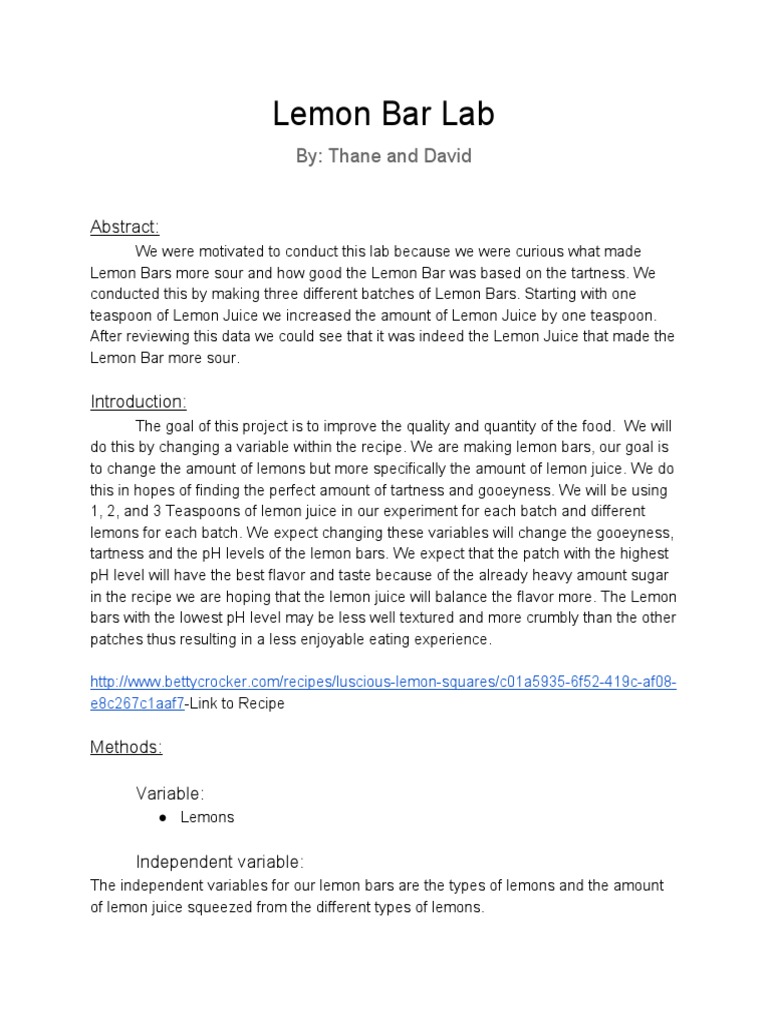 Lemon Bar Lab: By: Thane and David | PDF | Lemon | Baking