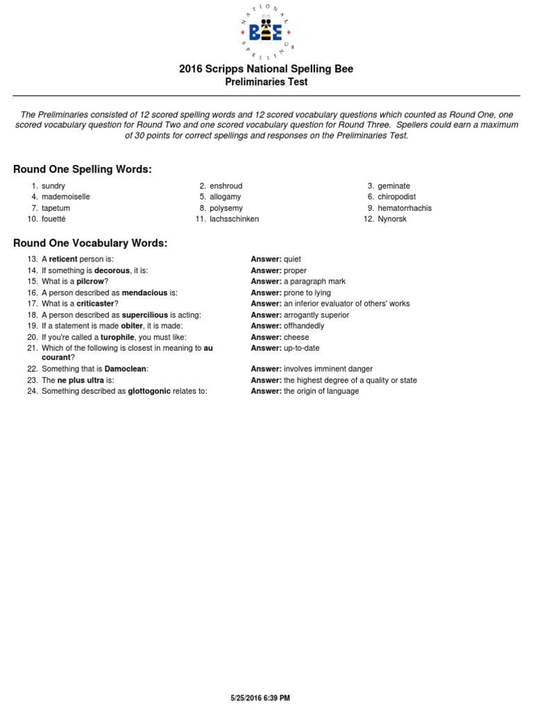 2016 Scripps National Spelling Bee Preliminary Test PDF