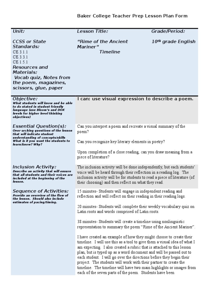 Lesson Plan For Rime Of The Ancient Mariner Educational Assessment Lesson Plan